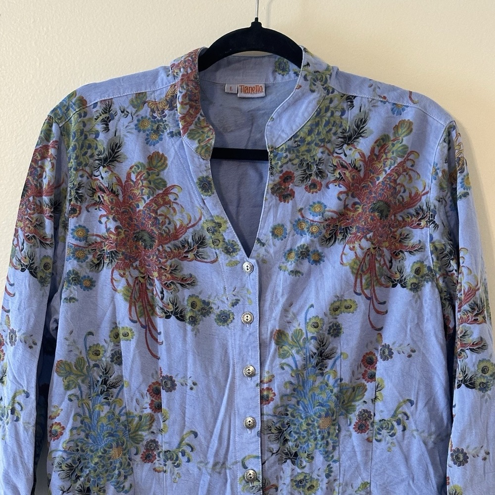 Tianello Blue Floral 3/4 Sleeve Mandarin Collar Button Princess Cut Womens Large - Picture 2 of 16